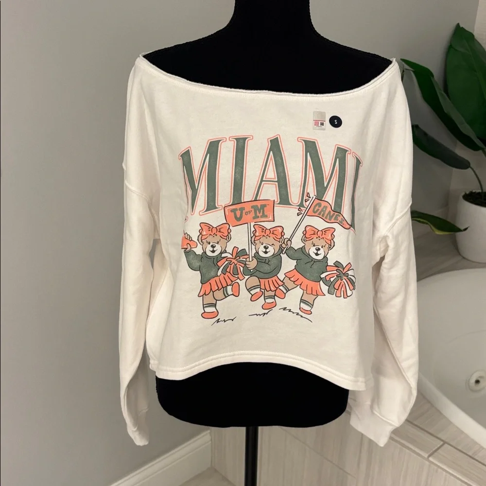 NWT Ivory Graphic Miami Hurricanes Off the shoulder cropped sweatshirt - Picture 2 of 6